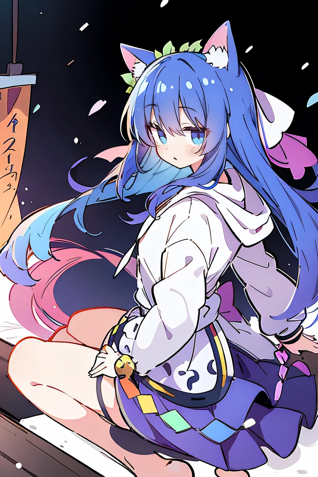 (masterpiece:1.2),Super detailed,lifelike,Expressive eyes,fair skin,perfect face shape,1 girl,
Japanese comics,Gorgeous blue hair,flowing blue hair,flowing clothes,Cat ears,Petals fall,beautiful lola,Baby Angel,
Shaking head with one hand,Cross your legs,Gentle and peaceful background,The pavilion is cool and comfortable,smile, wearing hoodie, background of tokyo,back views,snowing, winter.