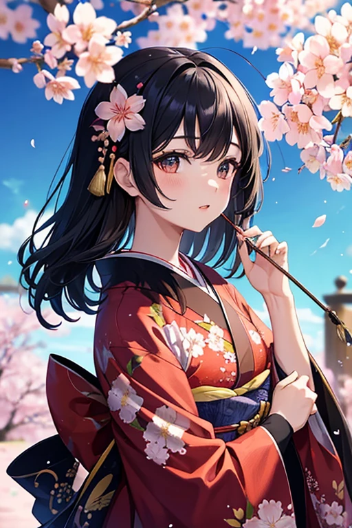 Masterpiece,highest quality,Fluttering cherry blossoms,Detailed Background,Black Hair,Mature beauty,Flower pattern kimono,Blue Sky
