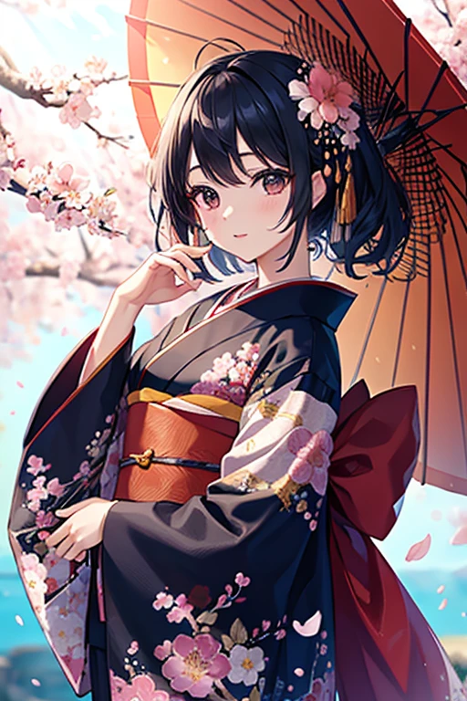 Masterpiece,highest quality,Fluttering cherry blossoms,Detailed Background,Black Hair,Mature beauty,Flower pattern kimono,Blue Sky
