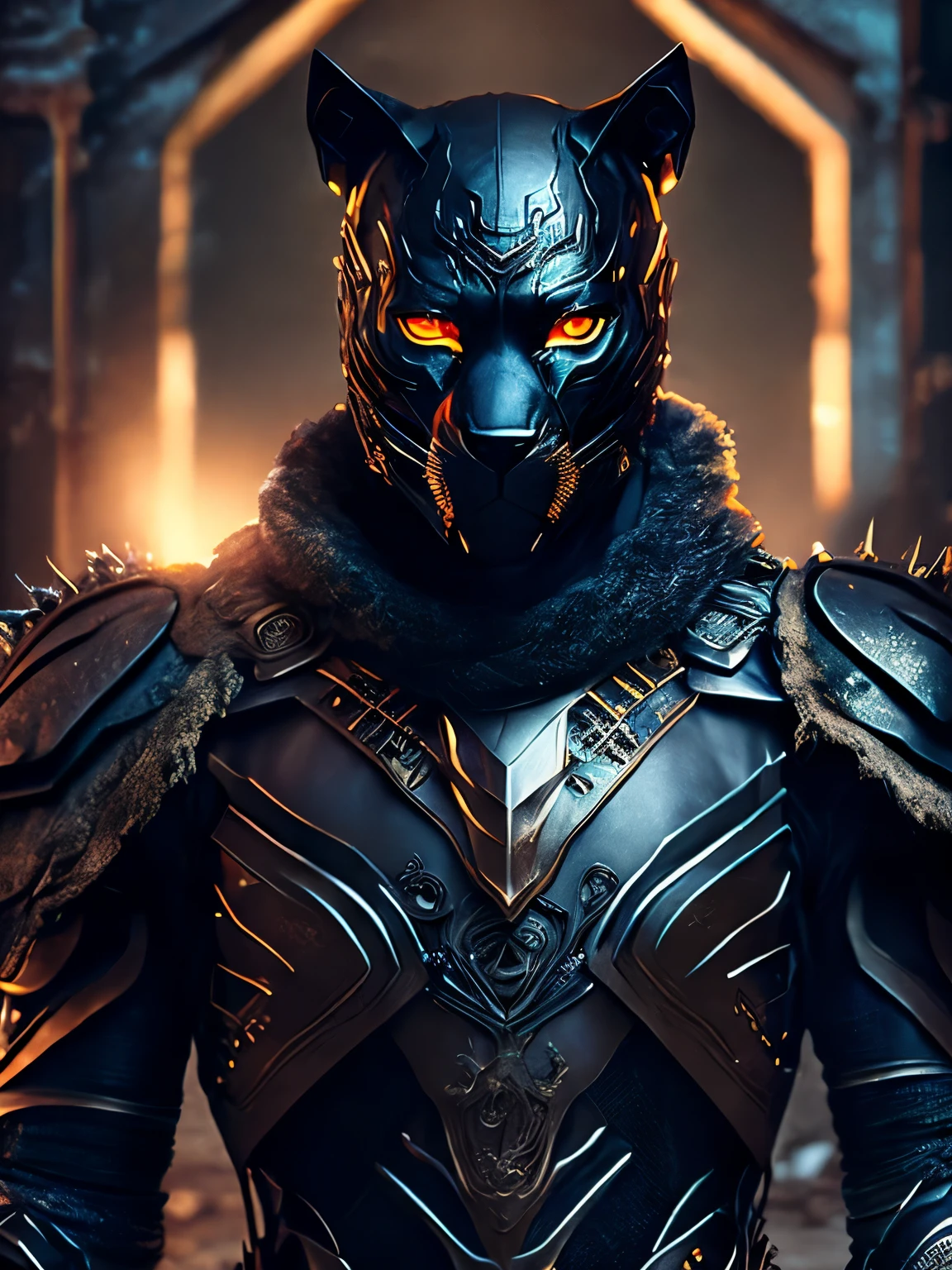 breathtaking cinematic science fiction photo of a portrait of a non human masked Grim dressed as a Black leopard in metal skin, body full glowing metrics inside, glowing eyes, multifaceted eyes, metallic arms, inside a destroyed building, extremely menacing creature, highly detailed, award-winning