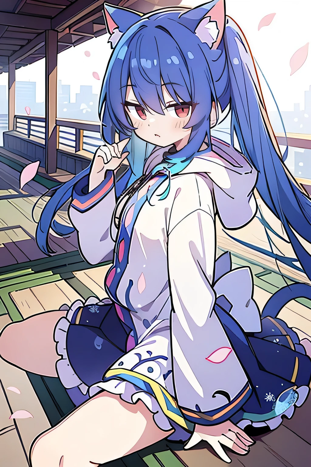(masterpiece:1.2),Super detailed,lifelike,Expressive eyes,fair skin,perfect face shape,1 girl,
Japanese comics,Gorgeous blue hair,flowing blue hair,flowing clothes,Cat ears,Petals fall,beautiful lola,Baby Angel,
Shaking head with one hand,Cross your legs,Gentle and peaceful background,The pavilion is cool and comfortable,smile, wearing hoodie, background of tokyo,back views,snowing, winter.