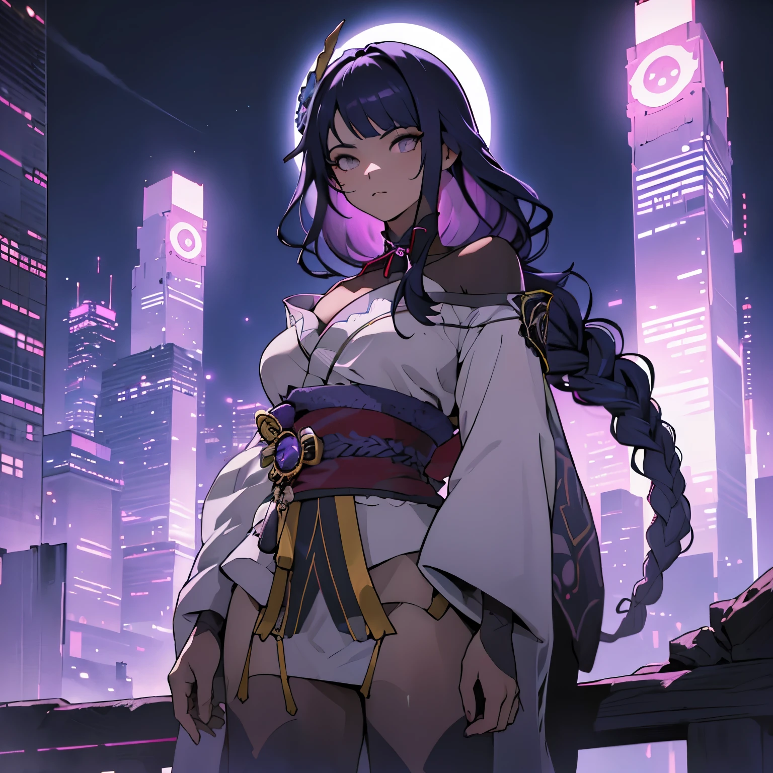 anime, (obra de arte, melhor qualidade, ultra-detalhado, alto contraste), 1 mulher (Sozinho, corpo todo, corpo plus size, standing on the edge of the skyscraper, cabelo prateado, CABELO LONGO E FLUXO, olhos vermelhos brilhantes de rubi, (Kimono preto, black cybernetics with neon pink), meias pretas transparentes), (skyscraper roof, com vista para uma cidade, fundo detalhado ((night time, Darkness, low light pollution)))