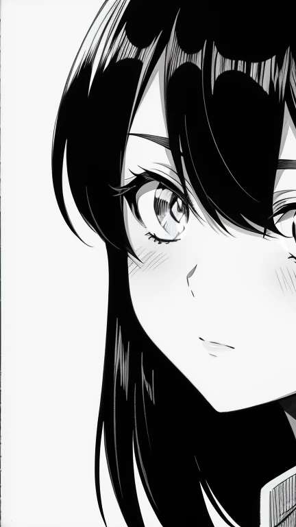  anime girl with black hair looking at camera, black and white manga style, black and white manga page, black and white manga panel, detailed manga style, rosto de anime detalhado, lineart preto grosso, ink manga drawing, pupilas pretas de anime em seus olhos, olhar lateral, Quadrinhos em preto e branco, Cara de anime perfeita, lineart de tinta extremamente fina, detalhado - rosto!!