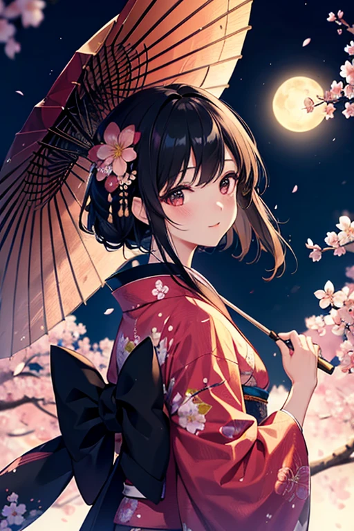 8k, super detail, masterpiece, high quality, best qualit,Fluttering cherry blossoms,Detailed Background,Black Hair,Mature beauty,Flower pattern kimono,night,moon