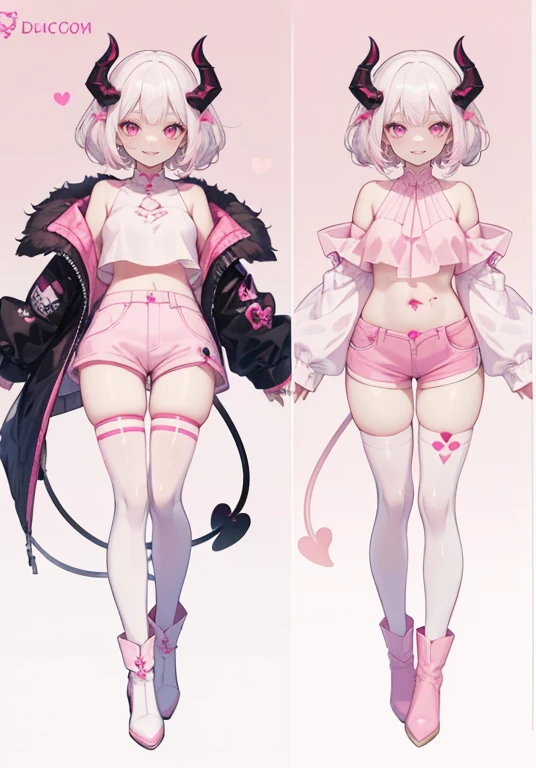((Perfect Face))("A succubus with pale skin, medium breasts, white hair with light pink tips, pink eyes, pink demon horns, pink demon tail, pink womb tattoo, and pink crop top, white shorts, white thigh highs, pink ankle boots)((Simple light color background)),((smile)),((Full Body)),((full body)),Portraits,Character Sheet,upright,