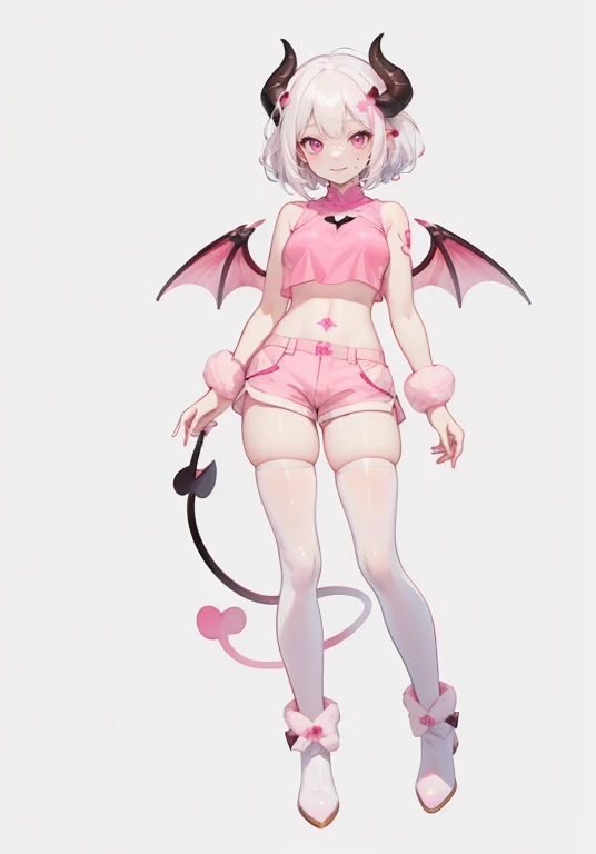 ((Perfect Face))("A succubus with pale skin, medium breasts, white hair with light pink tips, pink eyes, pink demon horns, pink demon tail, pink womb tattoo, and pink crop top, white shorts, white thigh highs, pink ankle boots)((Simple light color background)),((smile)),((Full Body)),((full body)),Portraits,Character Sheet,upright,