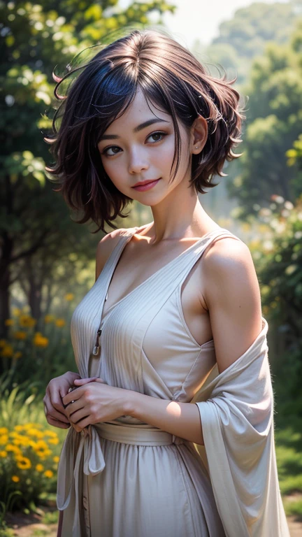 1 chica, 15 years, alto y atractivo, usando un lindo vestido ajustado, pelo trenzado, standing in a rustic farm setting. ella tiene un suave, sonrisa gentil y ojos expresivos. Al fondo hay encantadores graneros., campos de trigo dorados y cielos azules claros. The composition should be bathed in a warm golden light., with soft depth of field and soft bokeh to accentuate the idyllic tranquility. Capture imágenes como si hubieran sido filmadas con una Movie antigua de 35 mm para mayor atractivo., Movie,