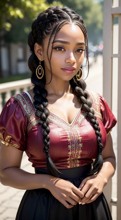 A refined description of the scene you described:
A woman in a tight skirt and hair braided into a complex, elegant style is portrayed in a stunning scene. Your braided hair displays a variety of patterns and textures, demonstrating skill and art in creating the hairstyle.
The woman is portrayed with a confident posture, sorridente e orgulhosa, destacando sua beleza e autenticidade. Your facial features are distinct and expressive, reflecting your individuality and inner strength.
The scene is softly lit, highlighting the details of the braided hair and the beauty of the woman. Your presence is captivating, conveying a sense of grace and determination.
This depiction of a black woman with braided hair is a celebration of black culture and beauty., capturing the elegance and pride of a traditionally significant hairstyle. na rua na praca