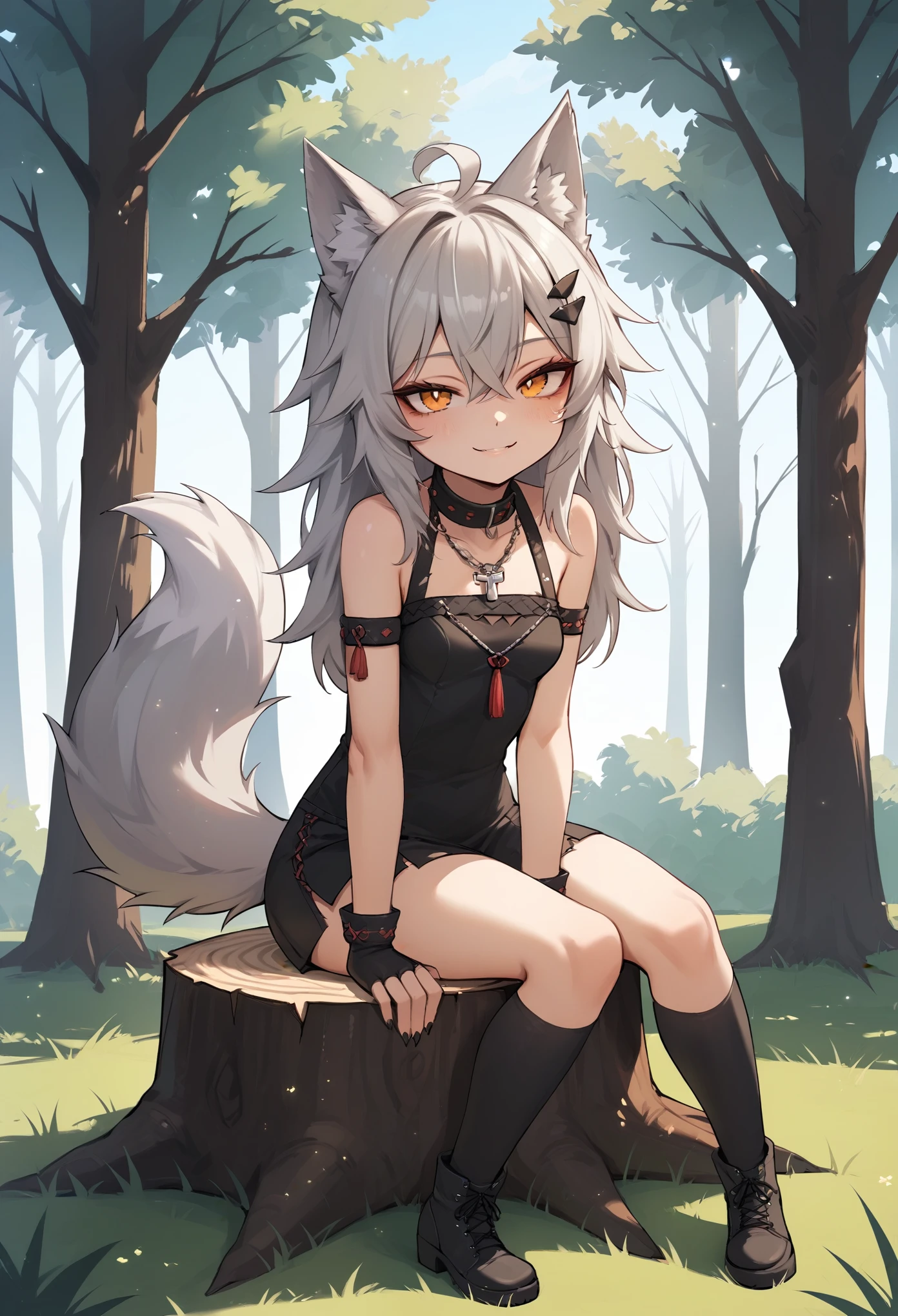 1girl, animal ears, animal_humanoid, canid_humanoid, fox_humanoid, wolf ears, wolf girl, small breasts, wolf tail, , BREAK sitting, looking at viewer, (half-closed eyes), seductive smile, BREAK day, bare tree, outdoors, tree, tree stump, BREAK score_9, score_8_up, score_7_up, score_6_up,