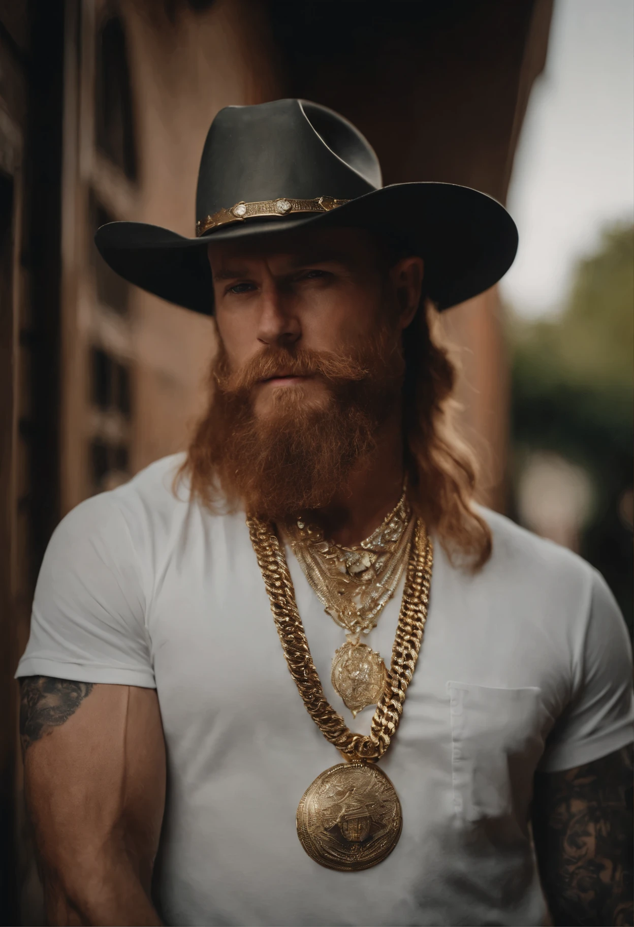 full body shot of white Outlaw Country tough guy heavily iced out with gold and diamond bling on his neck, wrist fingers and a gold grill, heavily tatted, with a long ginger beard giving vibes of a mix of hip hop country outside of the Grand OLe Opry in Nashville looking tough in his cowboy hat leaning against the wall with his booted foot on the wall and his hat tilted over his sun glassed eyes