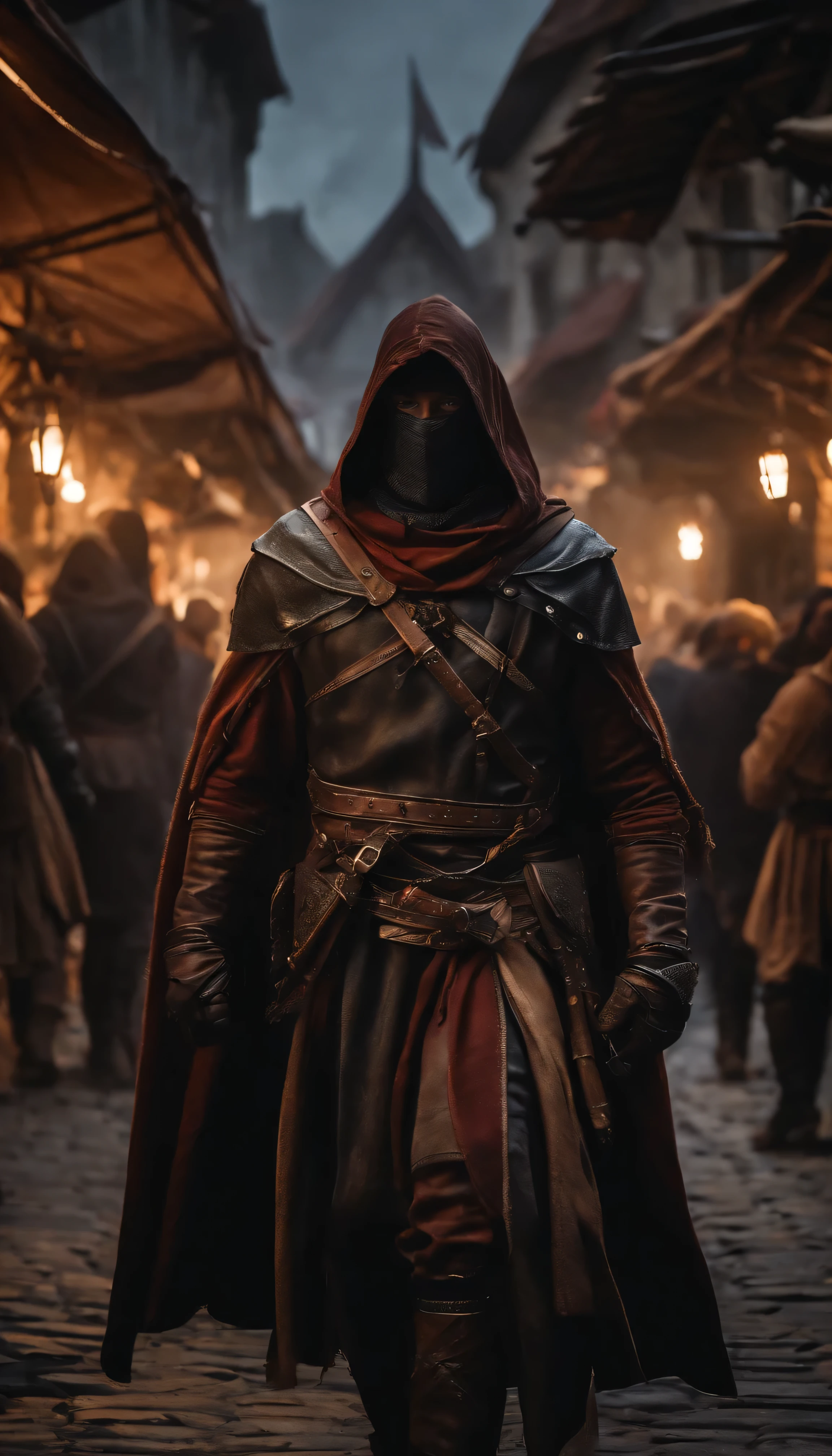 Realistic, 4k, rogue assasin with leather armor walking with Hood on head in a medieval market with a lot of peoples in background image