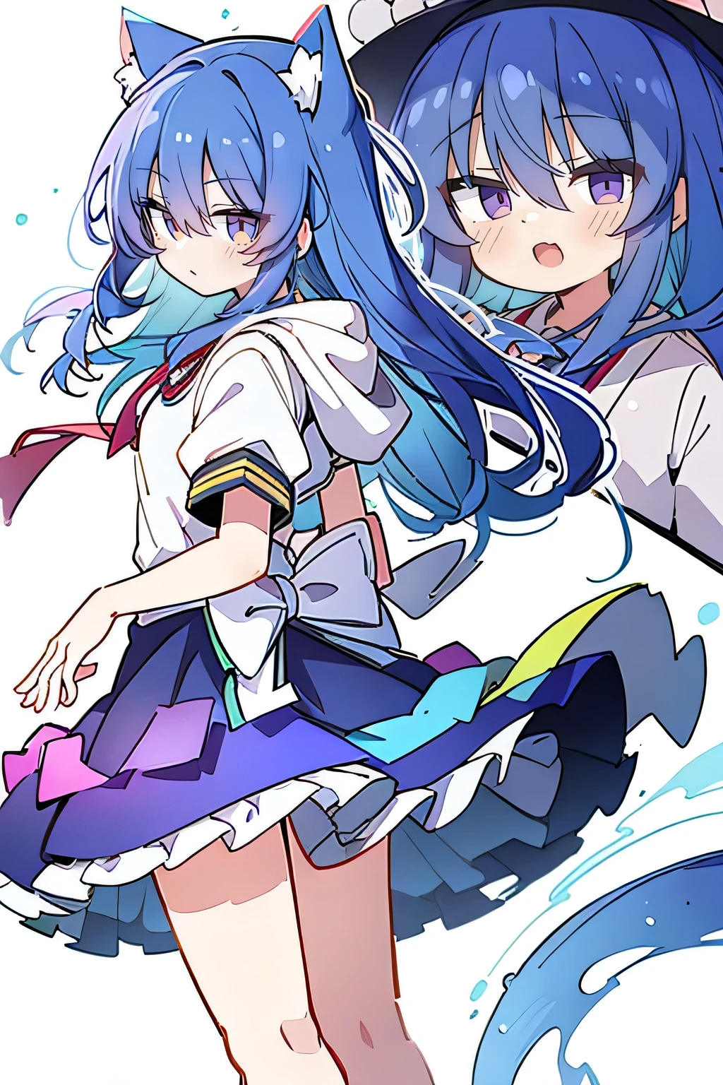 (masterpiece:1.2),Super detailed,lifelike,Expressive eyes,fair skin,perfect face shape,1 girl,
Japanese comics,Gorgeous blue hair,flowing blue hair,flowing clothes,Cat ears,Petals fall,beautiful lola,Baby Angel,
Shaking head with one hand,Cross your legs,Gentle and peaceful background,The pavilion is cool and comfortable,smile, wearing hoodie, background of tokyo,back views,snowing, winter.