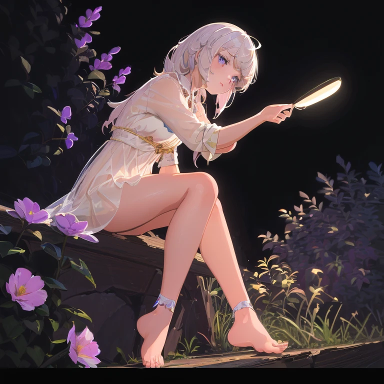 (best quality,4K,8k,high resolution,masterpiece:1.2),Super detailed,(Practical,photoPractical,photo-Practical:1.37),illustration,soft light,White hair girl,Deep purple eyes,Glowing eyes,sit down,barefoot,blush,In the garden at night,Flowers.