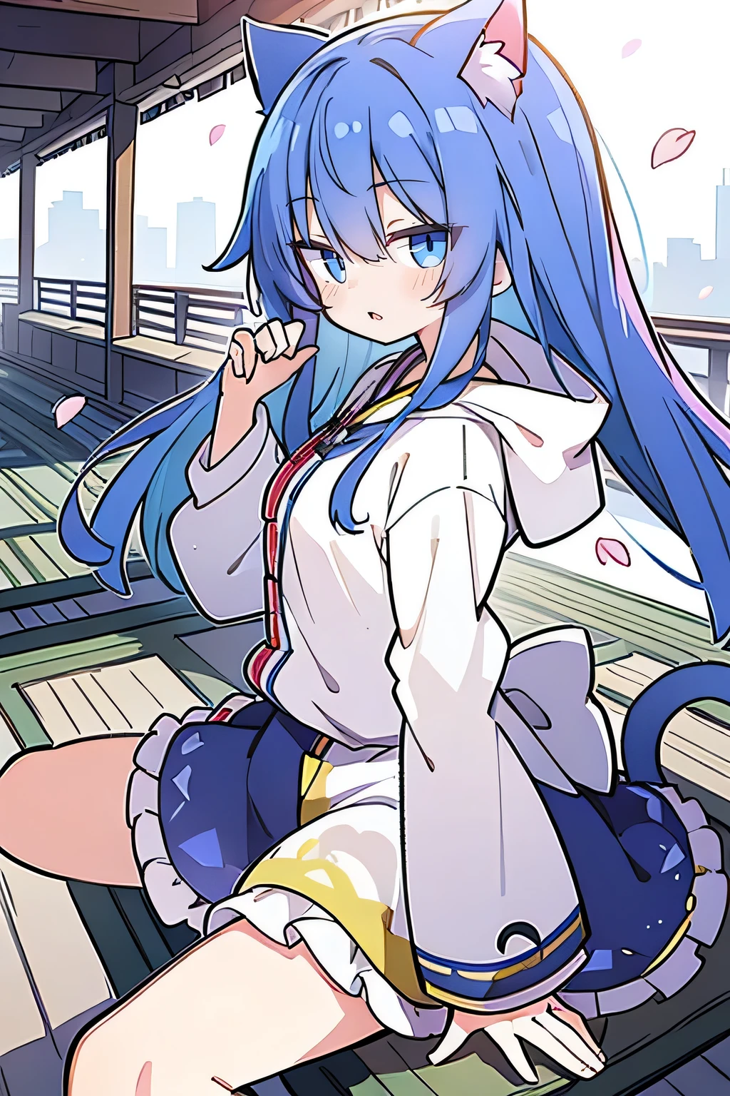 (masterpiece:1.2),Super detailed,lifelike,Expressive eyes,fair skin,perfect face shape,1 girl,
Japanese comics,Gorgeous blue hair,flowing blue hair,flowing clothes,Cat ears,Petals fall,beautiful lola,Baby Angel,
Shaking head with one hand,Cross your legs,Gentle and peaceful background,The pavilion is cool and comfortable,smile, wearing hoodie, background of tokyo,back views,snowing, winter.