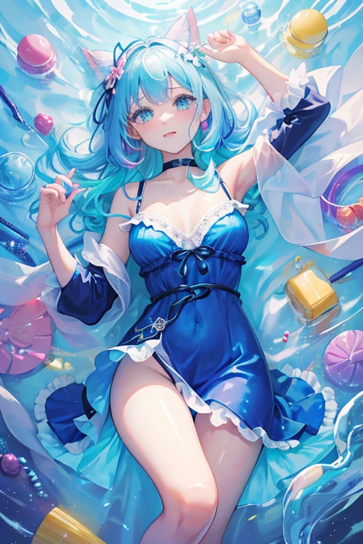 Delicate and beautiful face and eyes,Focus on the face, Deep sea background,Tabletop,Detailed Splash Water, Beautiful detailed water, Sensation of shock, (Genuine: 0.5), Original 2 High Saturation, (Surrounded by colorful splash spots), Multicolored bubbles, glasser maid))、泡のあるRainbow backgroundの接写, ethereal Rainbow Bubbles, Bokeh iridescent accents, Bokeh. iridescent accents, Rainbow Background, Colorful refracted glow, Soft Rainbow, Shiny colorful, Bright Sky, Colorful background, Rainbow background, Rainbow Bubbles, Colours of Heaven, Sparkly Background, Fantasy Rainbow, Background pastel, The background is like heaven、Close up of a pile of colorful plastic beads, Candy, sweets, candy, candy colors, candy pastel, candy decorations, Lollipops, gummy Candy, Made by Lollypops, made of candy and lollypops, sweet, candy treatments, Gumdrop, Lollipop, made of candy, candy land, jelly, everything is made of candy, Whirlpool、青いドレスとストッキングを着てベッドに座っているアルファフィーwoman, Translucent dress, beauty lingerie, iridescent shiny thin lingerie, Translucent silk dress, pale, Wave Lingerie, sexy gown, Bright blue shiny lingerie, Blue underwear, Icy Blue Dress, Light blue, Pastel Blue, woman, thin, Sky blue dress, wearing sexy lingerie