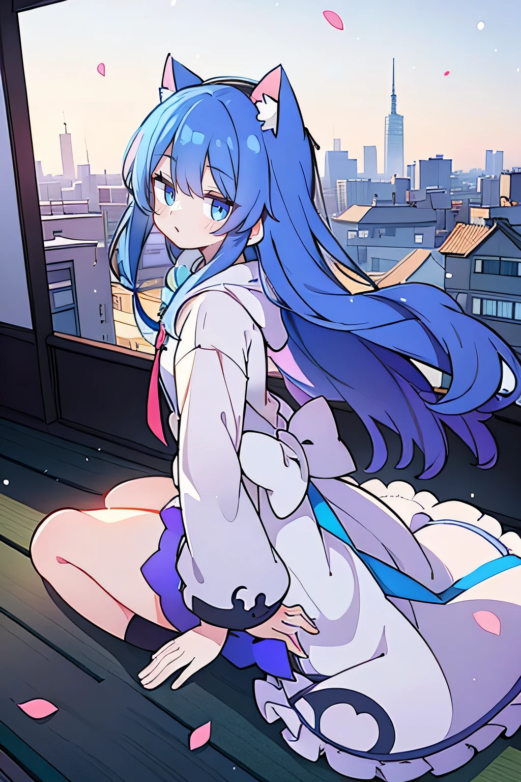 （masterpiece：1.2），Super detailed，lifelike，Expressive eyes，fair skin，perfect face shape，1 girl，
Japanese comics,Gorgeous blue hair,flowing blue hair,flowing clothes,Cat ears,Petals fall,beautiful lola,Baby Angel,
Shaking head with one hand，Cross your legs，Gentle and peaceful background，The pavilion is cool and comfortable,smile, wearing hoodie, background of tokyo,back views,snowing, winter.