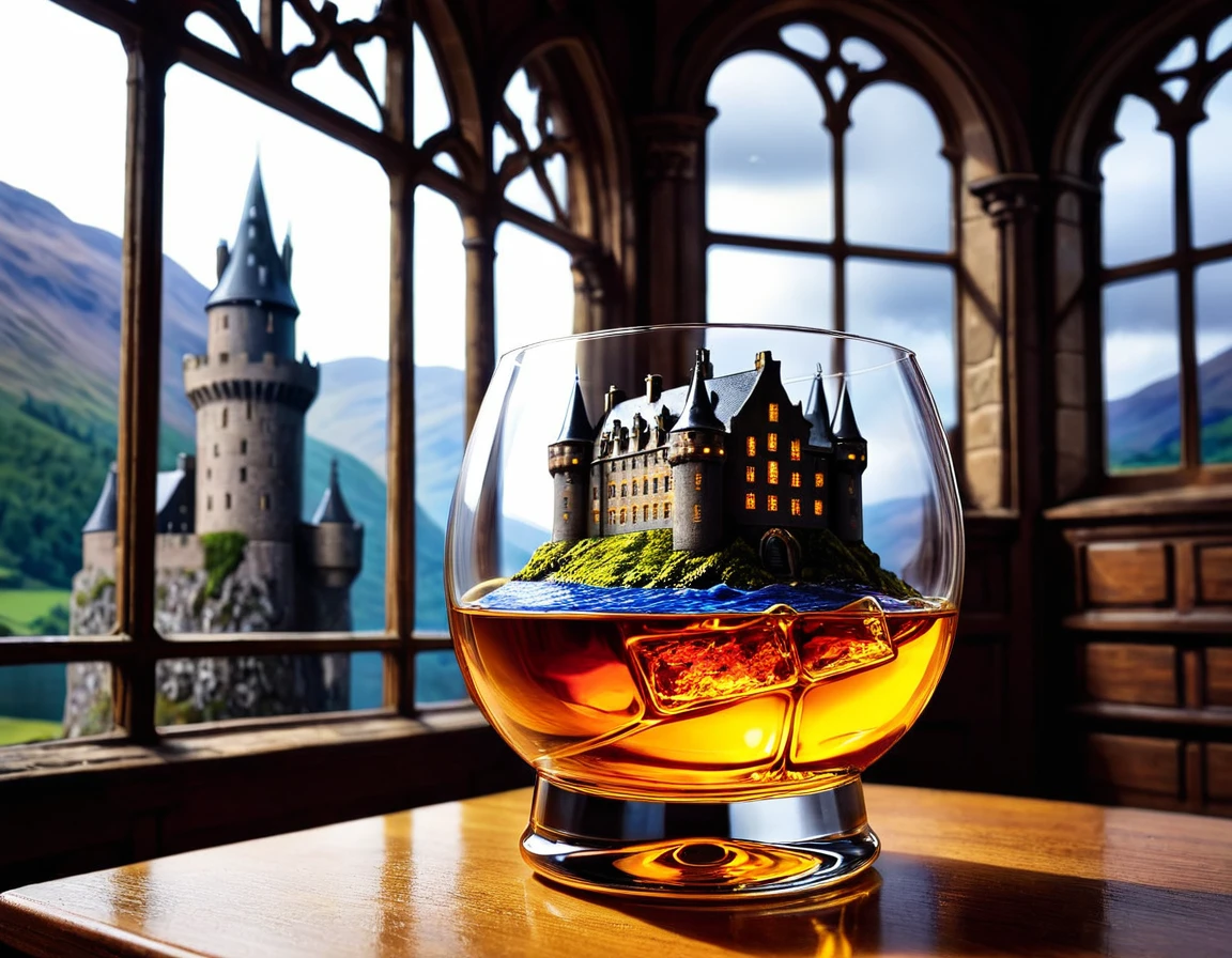 Diorama . There's a Scottish castle in a glass of whisky.Hyperdetalization. A masterpiece. 