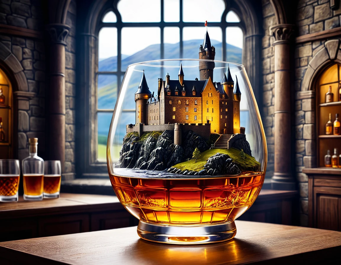 Diorama . There's a Scottish castle in a glass of whisky.Hyperdetalization. A masterpiece. 