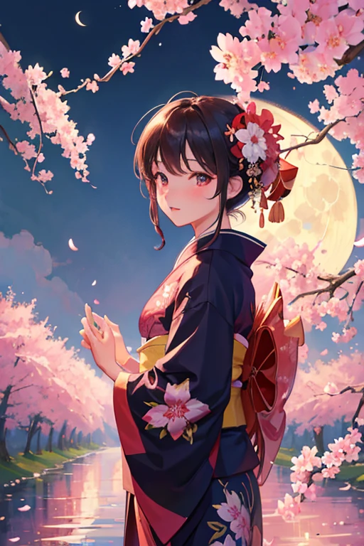 8k, super detail, masterpiece, high quality, best qualit,Fluttering cherry blossoms,Detailed Background,vivid obi,Mature beauty,Flower pattern kimono,night,moon