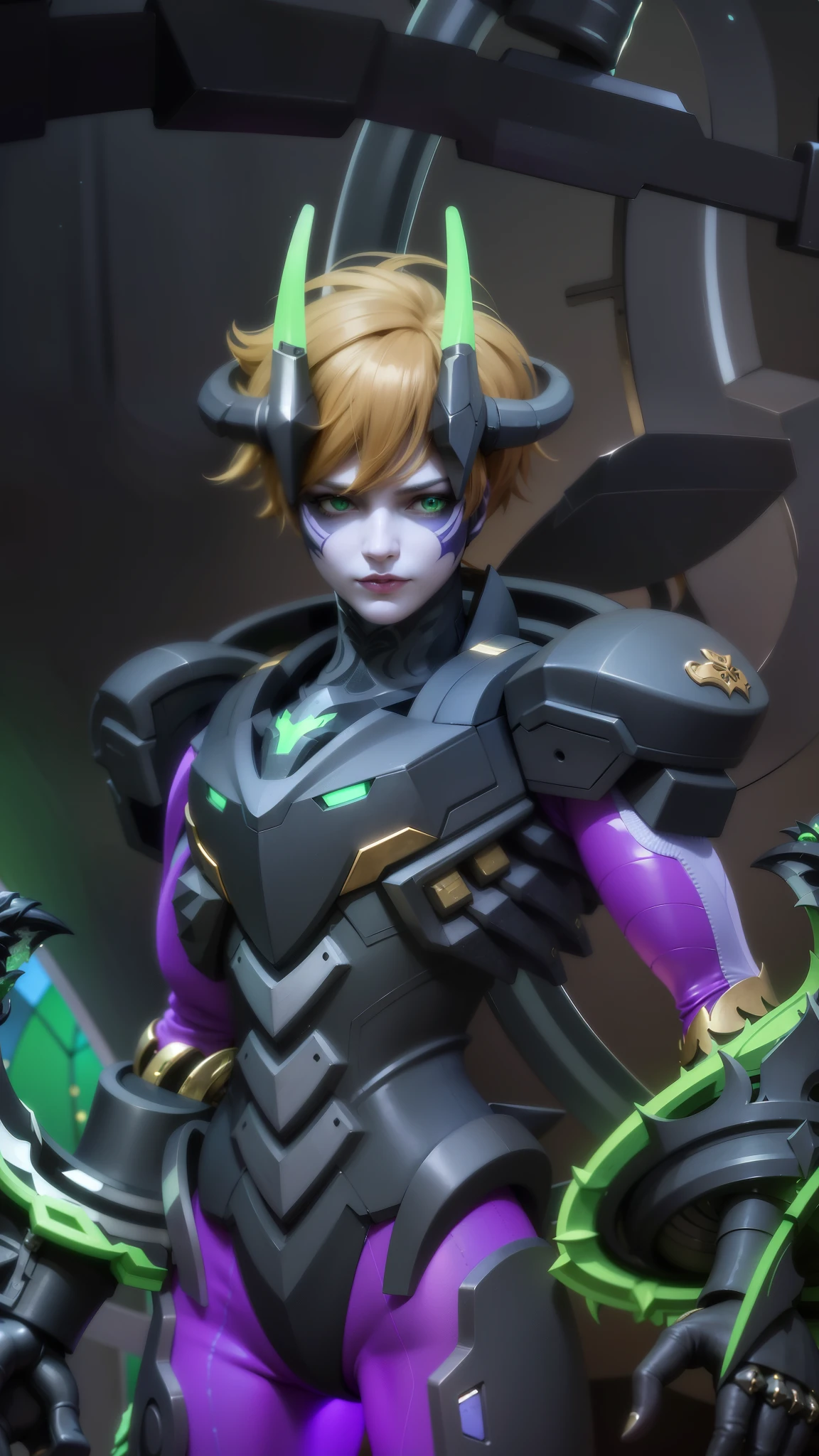 a close up of a person in a purple and green outfit, Masterpiece, ultra HD, detailed all picture, a close up of a devil, dyrroth from mobile legend, evil, extremely detailed artgerm, mobile legends character, inspired by Dyrroth, Six pack chest and abs, black jewel above the chest, light green eyes, glare.
