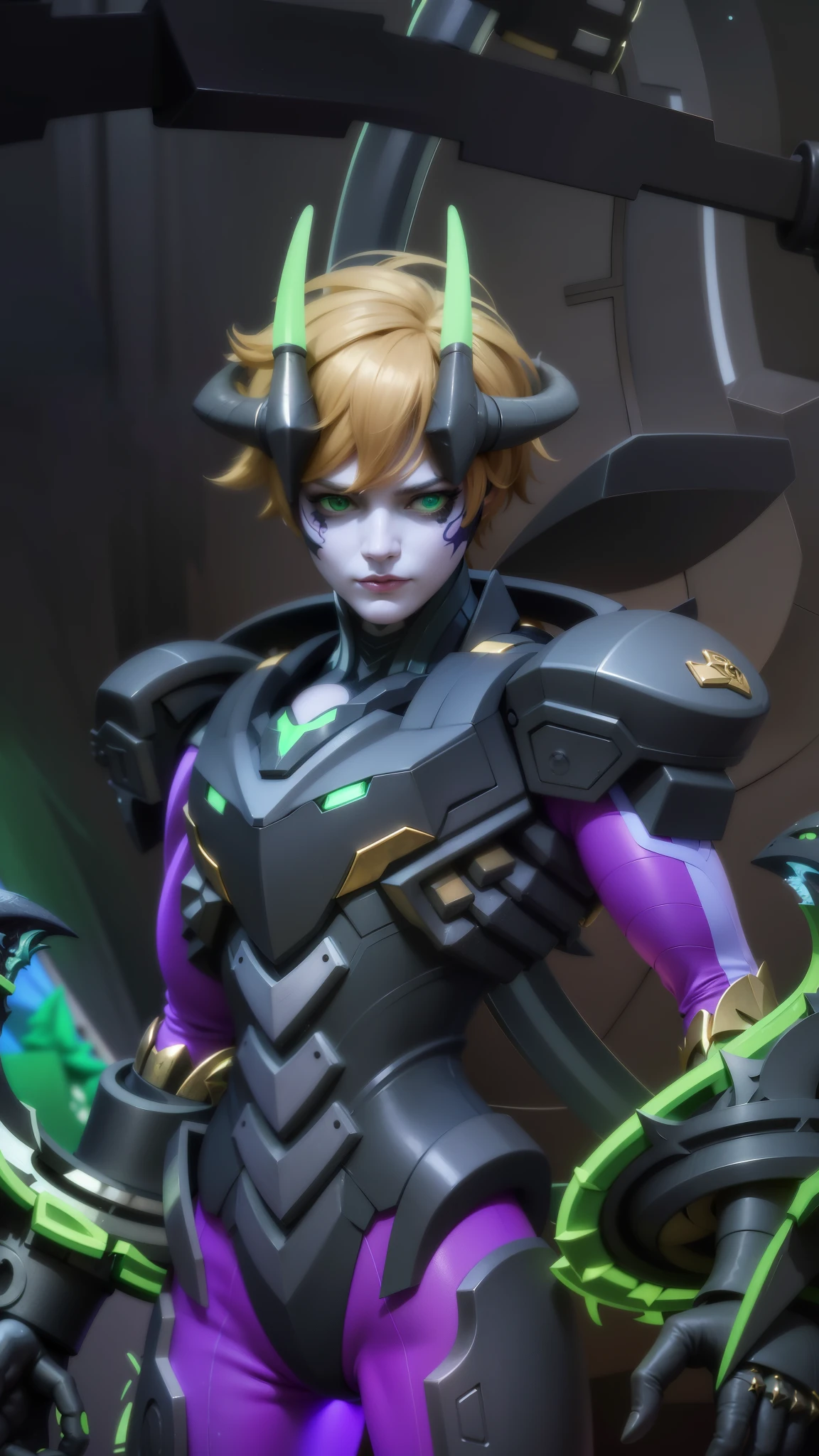 a close up of a person in a purple and green outfit, Masterpiece, ultra HD, detailed all picture, a close up of a devil, dyrroth from mobile legend, evil, extremely detailed artgerm, mobile legends character, inspired by Dyrroth, Six pack chest and abs, black jewel above the chest, light green eyes, glare.