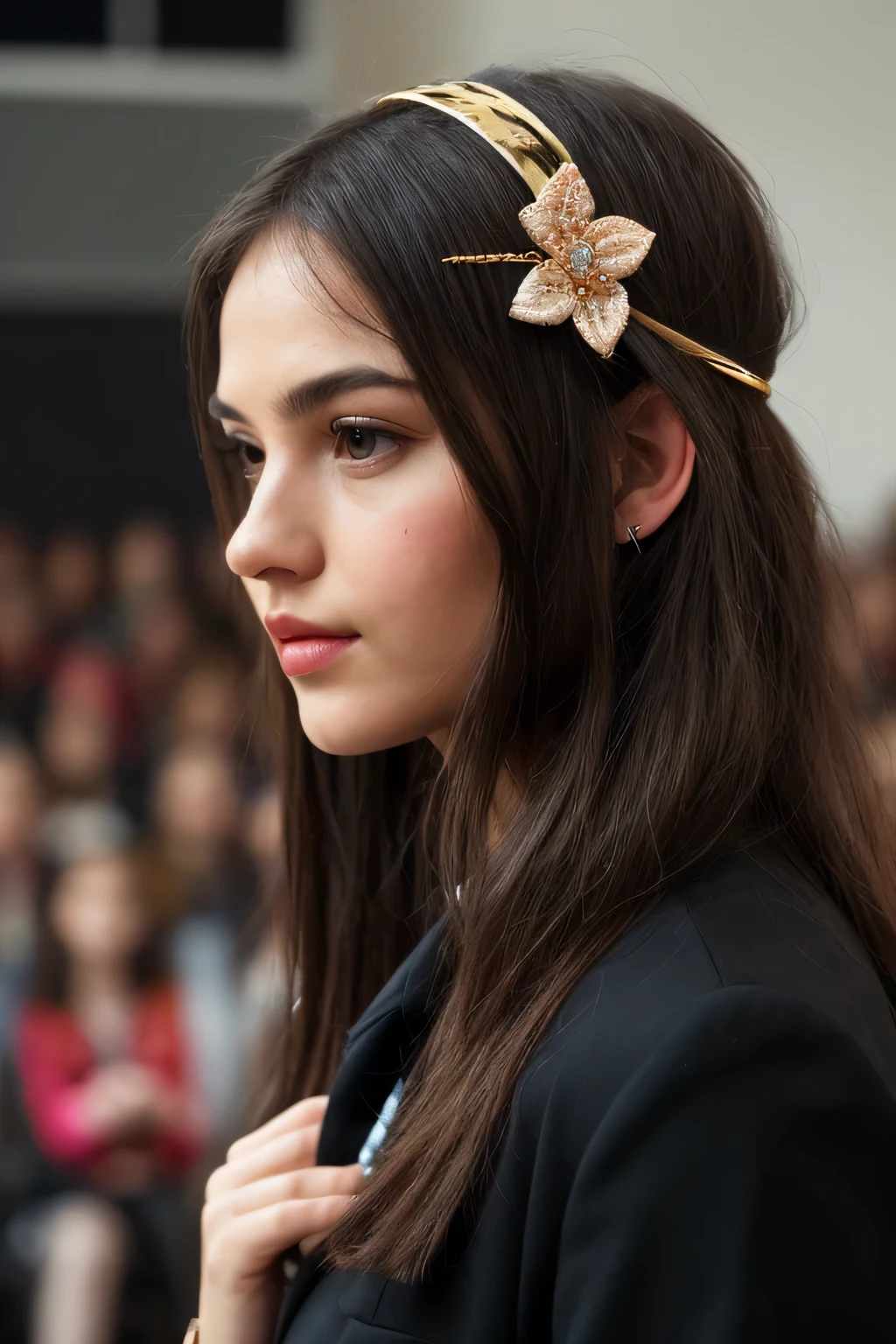 best quality, (realistic:1.2), 1 girl, alone, detailed face, Face focus, stand, black hair,(hair accessories:1.35),office woman, Arms decorated with ribbons, arms separated, cutting the ribbon, wide arms, (looking at the audience:1.5) long hair, black eyes, smooth, lips,