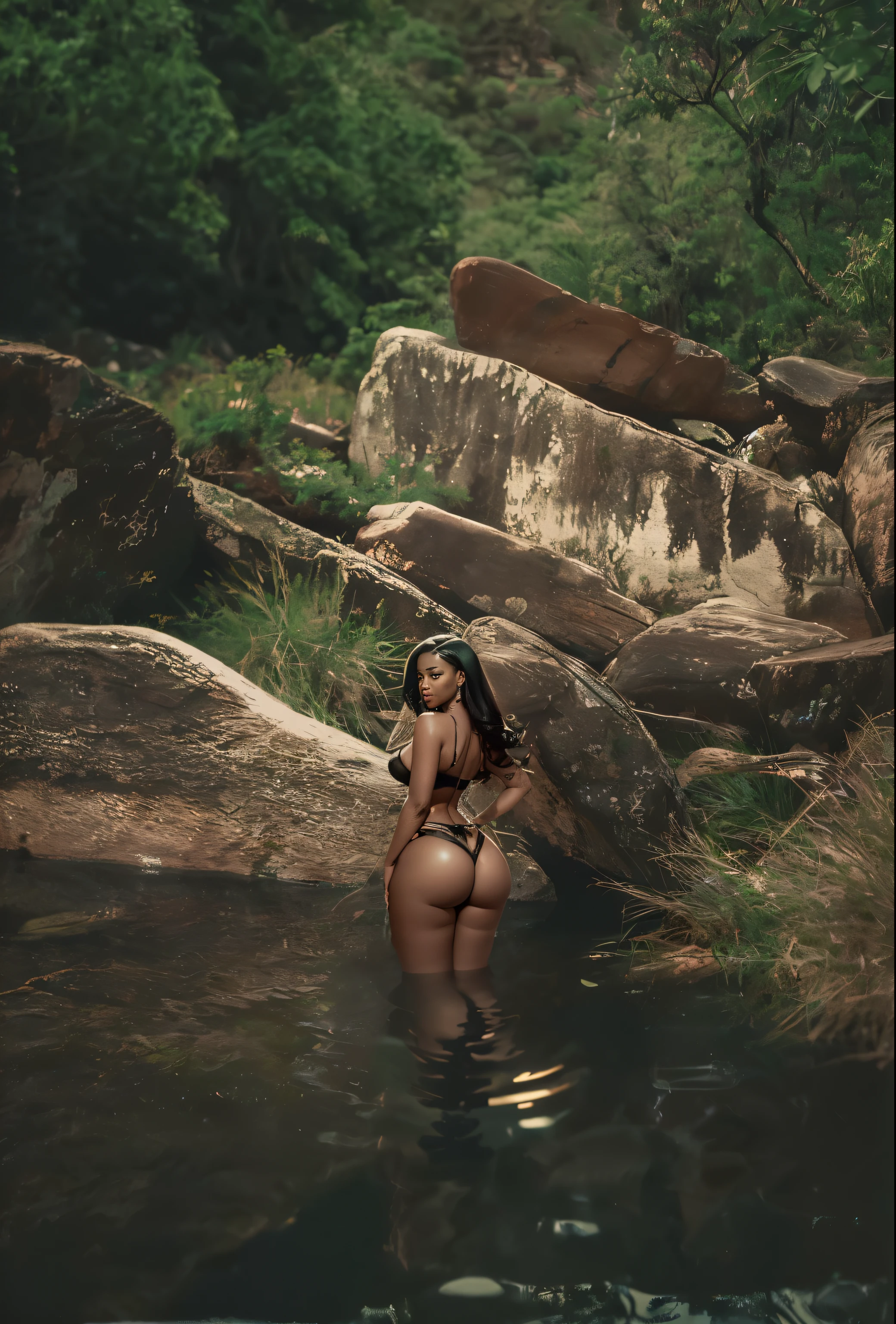 the water reflects her image  (4k, hyper-realistic)
there is a woman that is standing in the water, Nicki Minaj cheio de curvas, nymph in the water, por Elsa Bleda, em um rio na selva, in the water, in the water up to your shoulders, ao lado de uma cachoeira, Postagem de 4k, Postagem 4k, em uma rocha, em uma lagoa, em uma selva, deusa da natureza