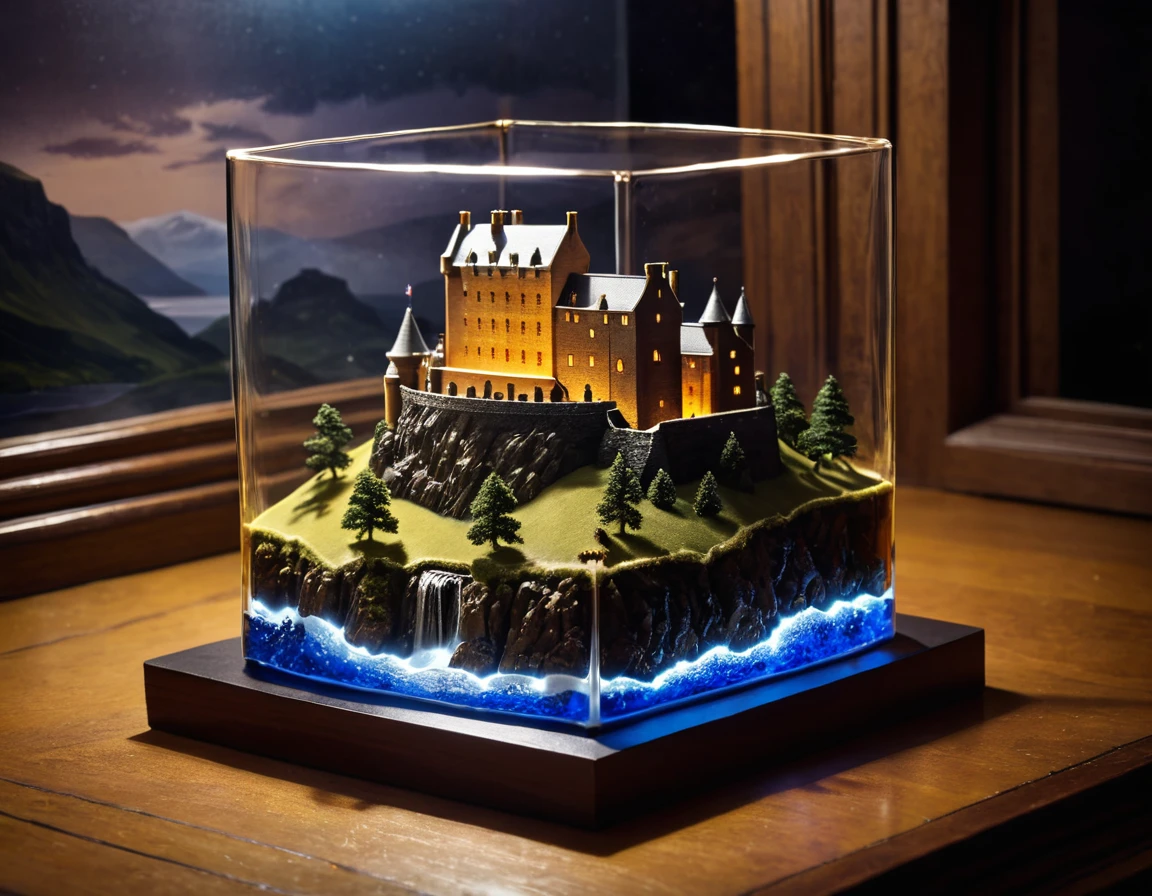 Diorama . There's a Scottish castle in a glass of whisky.Hyperdetalization. A masterpiece.
