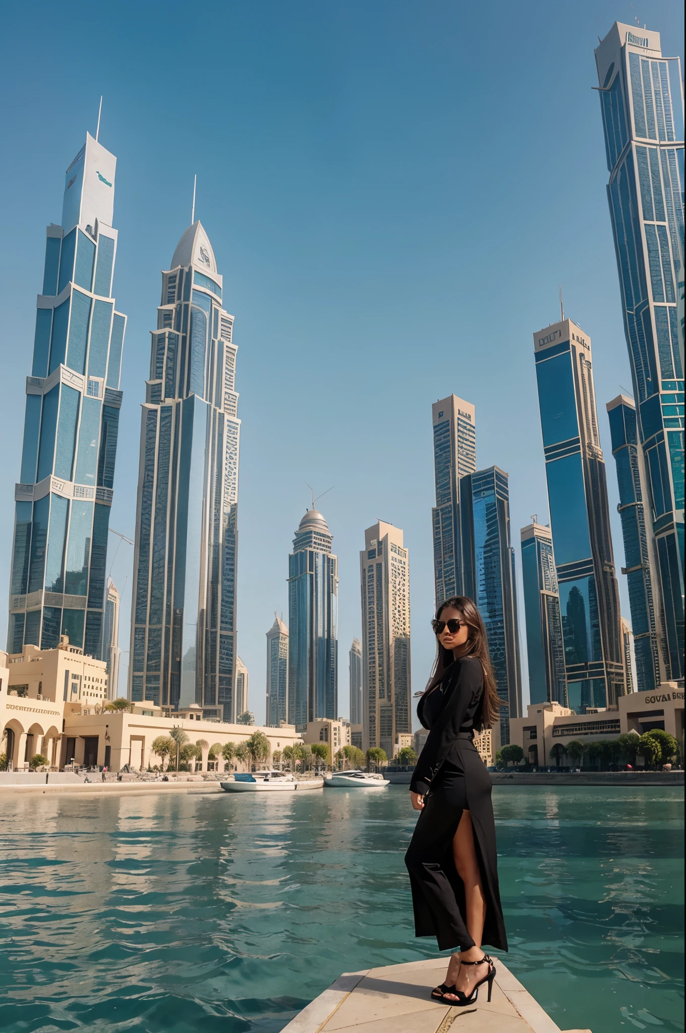 Sofia is exploring Dubai's stunning cityscape, surrounded by towering skyscrapers. She feels small compared to the grandeur of modern architecture