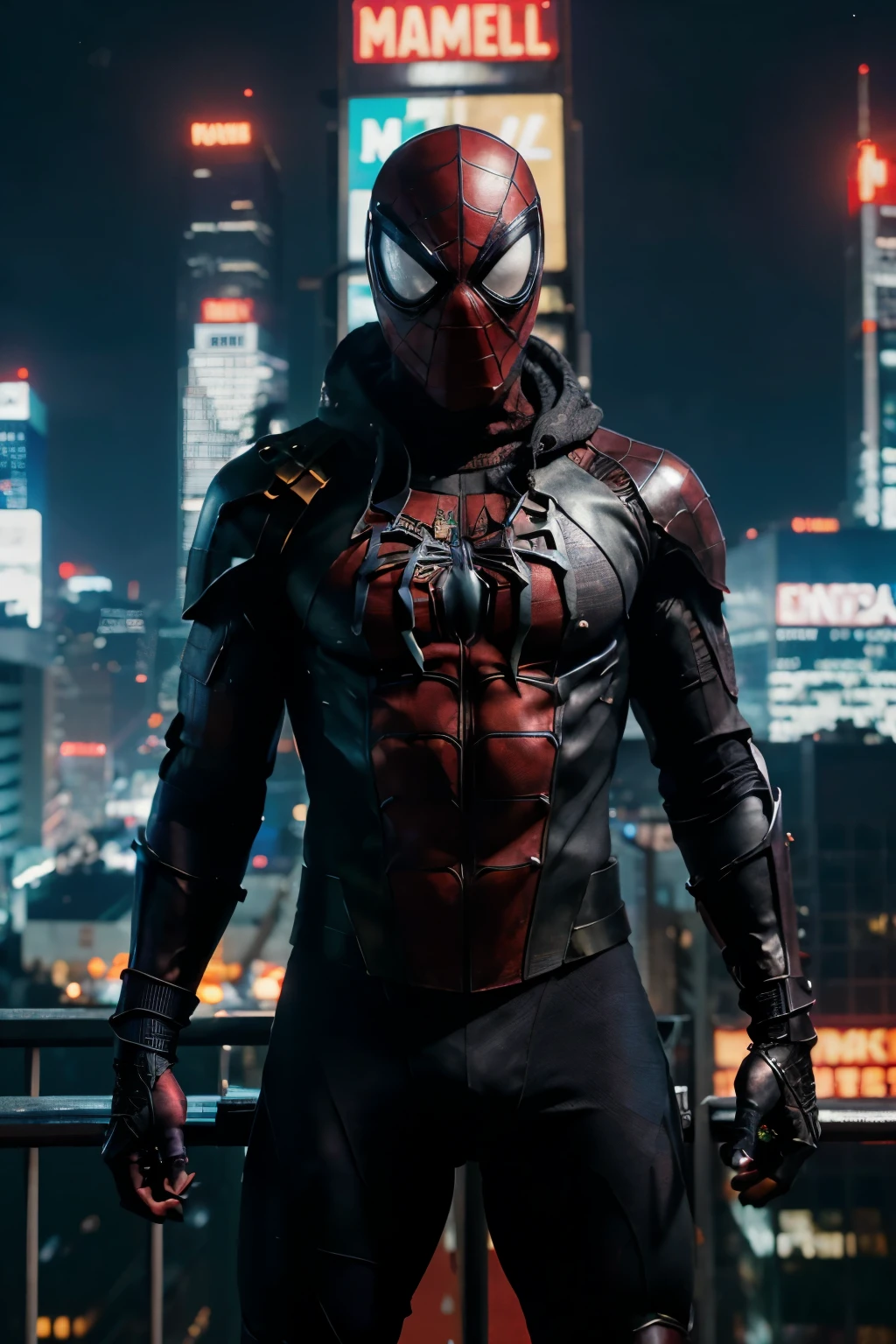 (extremely detailed 8k wallpaper), a medium shot photo of cyberpunk scary Grim dressed as Spiderman in an armour made of Crystallic metal from marvel, cyberpunk theme, intricate, high detail, dramatic, neon city lights in the background