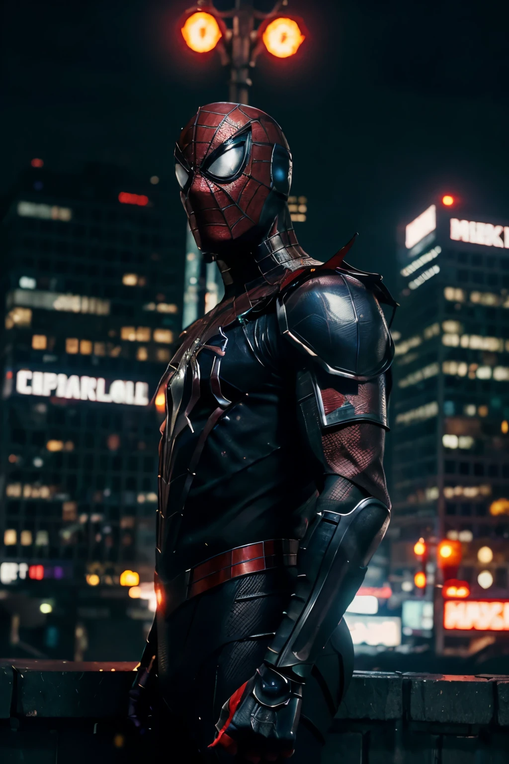 (extremely detailed 8k wallpaper), a medium shot photo of cyberpunk scary Grim dressed as Spiderman in an armour made of Crystallic metal from marvel, cyberpunk theme, intricate, high detail, dramatic, neon city lights in the background