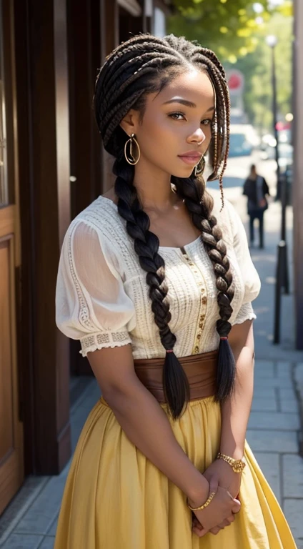A refined description of the scene you described:
A woman in a tight skirt and hair braided into a complex, elegant style is portrayed in a stunning scene. Your braided hair displays a variety of patterns and textures, demonstrating skill and art in creating the hairstyle.
The woman is portrayed with a confident posture, sorridente e orgulhosa, destacando sua beleza e autenticidade. Your facial features are distinct and expressive, reflecting your individuality and inner strength.
The scene is softly lit, highlighting the details of the braided hair and the beauty of the woman. Your presence is captivating, conveying a sense of grace and determination.
This depiction of a black woman with braided hair is a celebration of black culture and beauty., capturing the elegance and pride of a traditionally significant hairstyle. na rua na praca