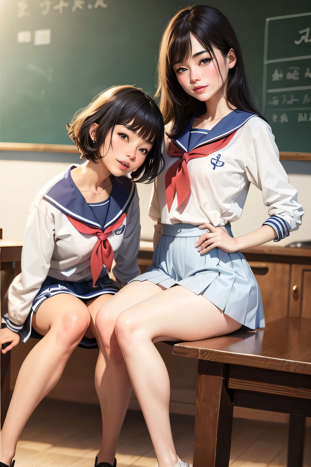 (top-quality、in 8K、32K、masterpiece、超A high resolution、Impresionismo、Photorealsitic:1.2)、Full body, Inside the classroom、Schools、Evening glow、beauitful face、blurry backround、16-year-old beautiful girl、shinny skin、bob cuts、Beautiful black hair、(Katyusha:1.2)、a sailor suit、Pleated miniskirt、Curve、dynamicposes、Smile with open mouth、Two girls, lying on sofa