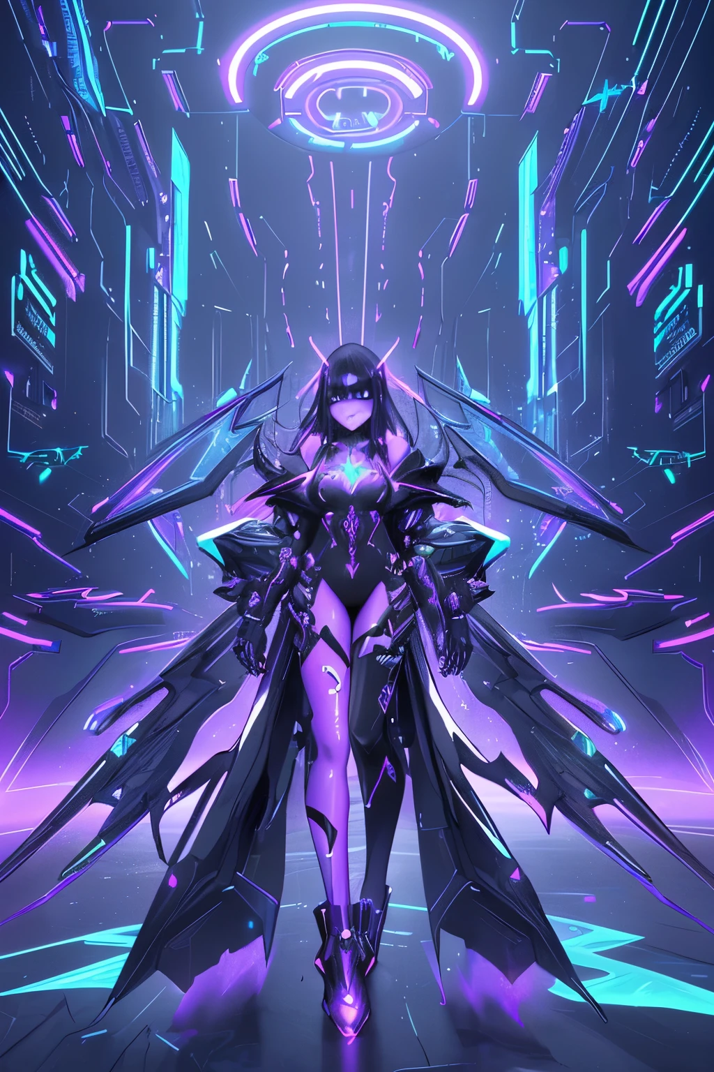 a cyberpunk goddess,cyberpunk deity,a young girl,a beautiful young girl,background is a cyberpunk world,digital environment,stark neon lights,advanced technology,hovering vehicles,glitch effects,dynamic cityscape,futuristic architecture,detailed cybernetic enhancements,ethereal and mesmerizing presence,glowing cybernetic eyes,luminous holographic projections,flowing digital code,synthetic materials and textures,dark and moody atmosphere,highly detailed cyberpunk fashion,ornate cyber jewelry,powerful yet delicate aura,vibrant and saturated colors,emitting trails of energy,electric energy surges and sparks,surrounded by augmented reality interfaces,urban cyberlife unfolding,hauntingly beautiful,otherworldly presence,bathed in neon glow,extraordinary power and elegance,cyberspace connections,anomaly in the digital realm,a divine figure in the cyber world,intertwined with technology,supreme cybernetic abilities,creating digital wonders,commanding technological prowess,transcending human limitations,harmony between the virtual and reality.