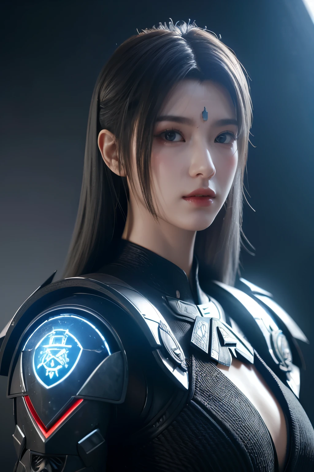 Masterpiece,Game art,The best picture quality,Highest resolution,8K,(Portrait),Unreal Engine 5 rendering works,(Digital Photography),((Portrait Feature:1.5)),
20 year old girl,Short hair details,With long bangs,(The red eye makeup is very meticulous),(With long gray hair:1.4),(Large, full breasts),Elegant and noble,Brave and charming,
(Future armor combined with the characteristics of ancient Chinese armor,Hollow design,Power Armor,The mysterious Eastern runes,A delicate dress pattern,A flash of magic),Warrior of the future,Cyberpunk figures,Background of war,
Movie lights，Ray tracing，Game CG，((3D Unreal Engine))，OC rendering reflection pattern