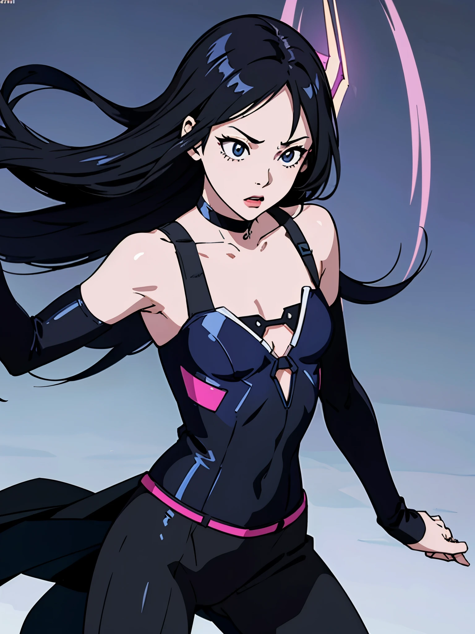 digital art drawing, illustration of (girl, long dark black hair mid part, brown eyes, sexy facial expression, flat chest, light blue corsette, single arm black sleeve, cyberpunk background), anime drawing/art, bold linework, illustration, digital art, masterpiece, flat illustration, no shadows, 8k resolution, high detail, vector art, only anime, perfect eyes, perfect hands, perfect fingers, sharpness, high clarity, medium close up, high fidelity