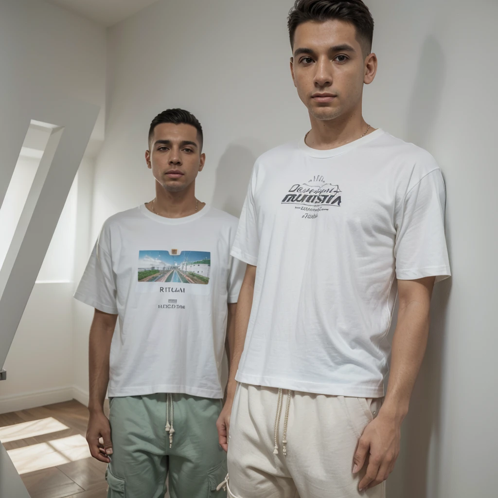 (8k, foto crua, melhor qualidade, obra de arte:1.2), (realista, photo-realista:1.37), professional lighting, photon mapping, radiosidade, Homem branco alto, fundo branco, dress with t-shirt and baggy pants, com estilo rap