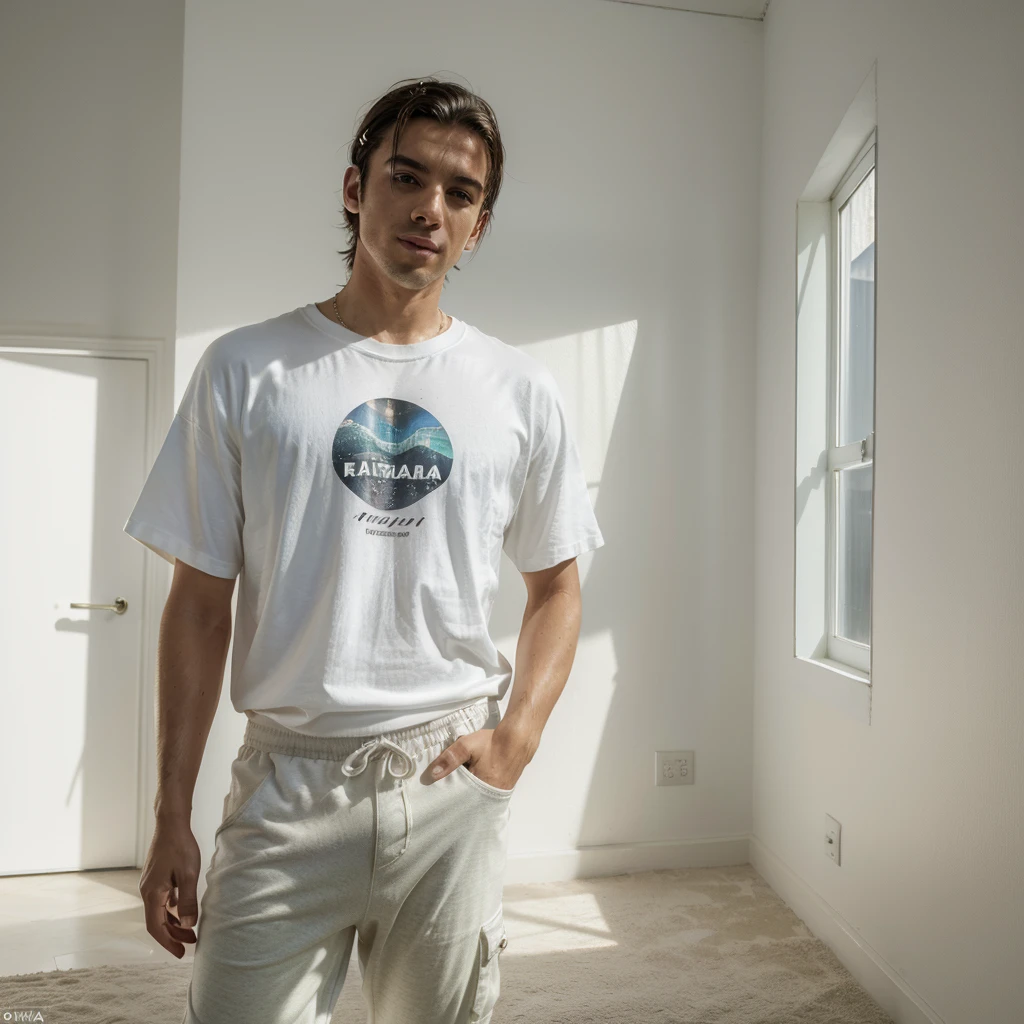 (8k, foto crua, melhor qualidade, obra de arte:1.2), (realista, photo-realista:1.37), professional lighting, photon mapping, radiosidade, Homem branco alto, fundo branco, dress with t-shirt and baggy pants, com estilo rap