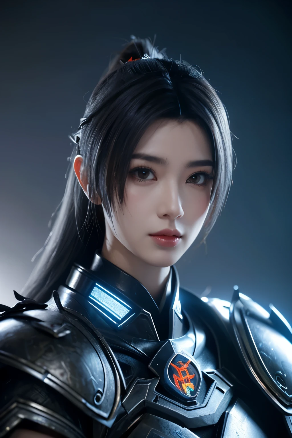 Masterpiece,Game art,The best picture quality,Highest resolution,8K,(Portrait),Unreal Engine 5 rendering works,(Digital Photography),((Portrait Feature:1.5)),
20 year old girl,Short hair details,With long bangs,(The red eye makeup is very meticulous),(With long gray hair:1.4),(Large, full breasts),Elegant and noble,Brave and charming,
(Future armor combined with the characteristics of ancient Chinese armor,Hollow design,Power Armor,The mysterious Eastern runes,A delicate dress pattern,A flash of magic),Warrior of the future,Cyberpunk figures,Background of war,
Movie lights，Ray tracing，Game CG，((3D Unreal Engine))，OC rendering reflection pattern