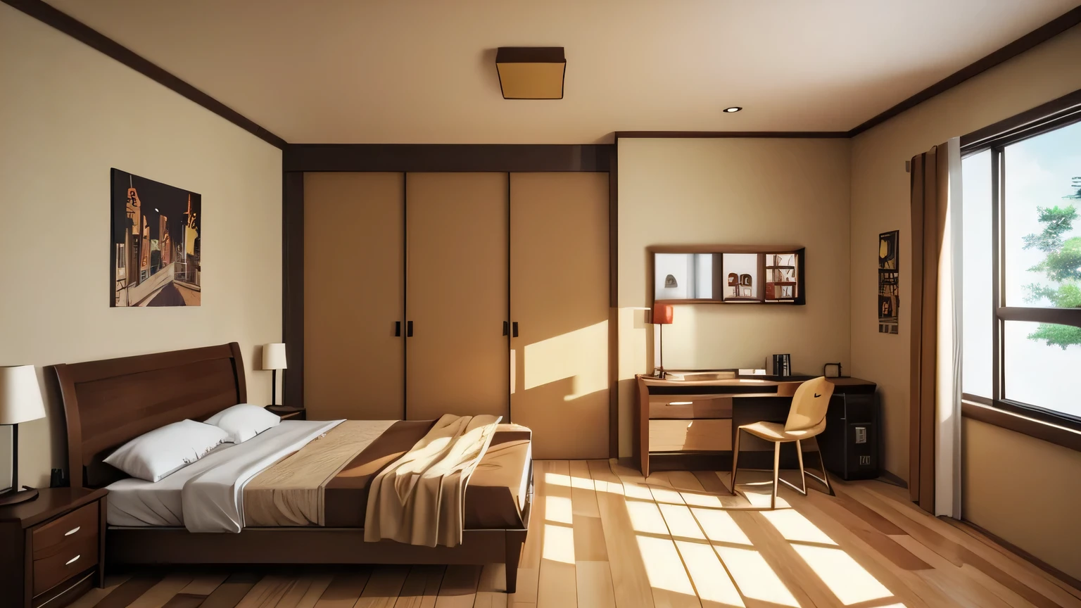 A background of an anime style lofi themed room with with beige and brown being the main colors