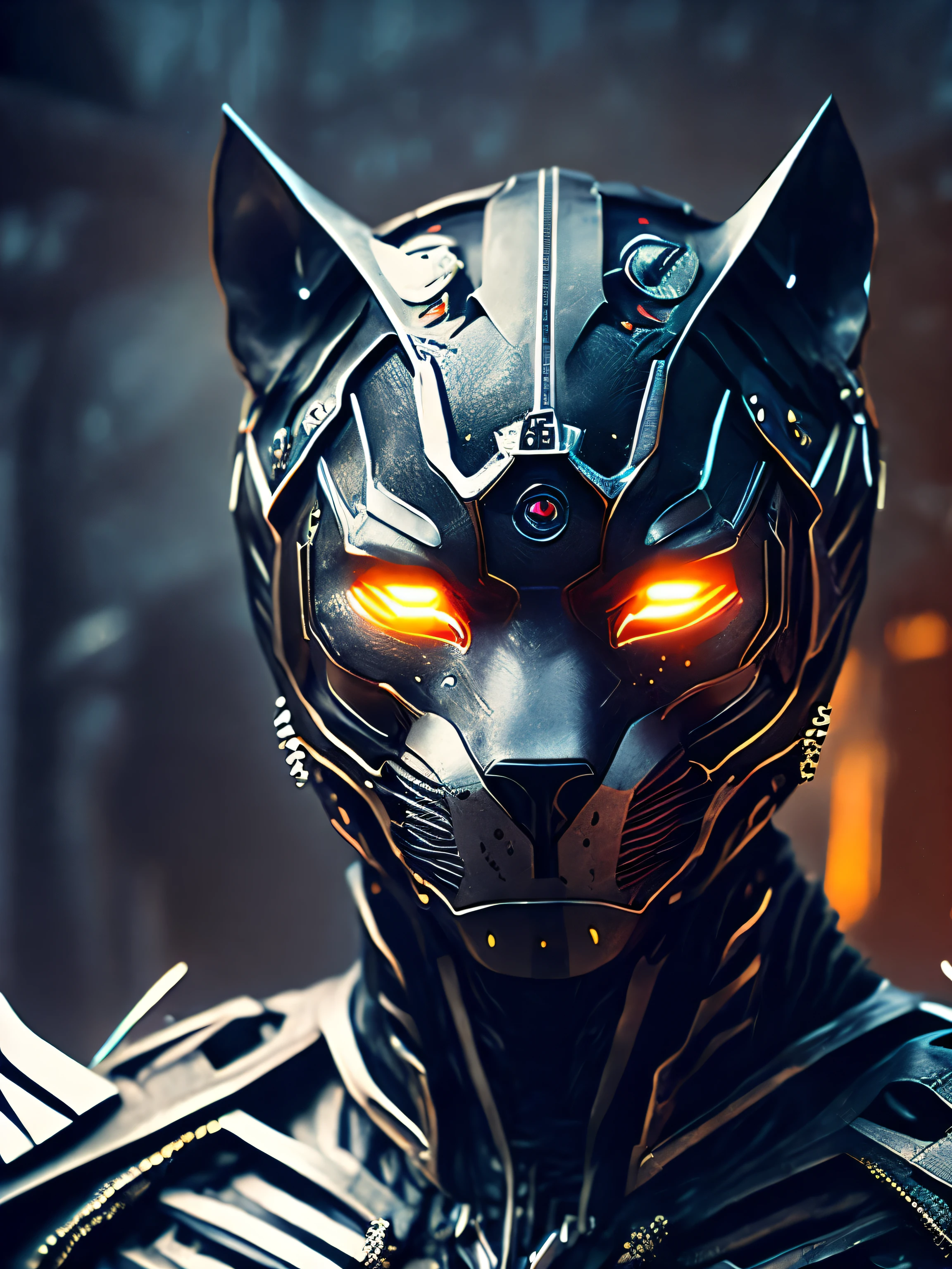 breathtaking cinematic science fiction photo of a half body portrait of a non human masked Grim dressed as a Black leopard in metal skin, body full glowing metrics inside, glowing eyes, multifaceted eyes, metallic arms, inside a destroyed building, extremely menacing creature, highly detailed, award-winning
