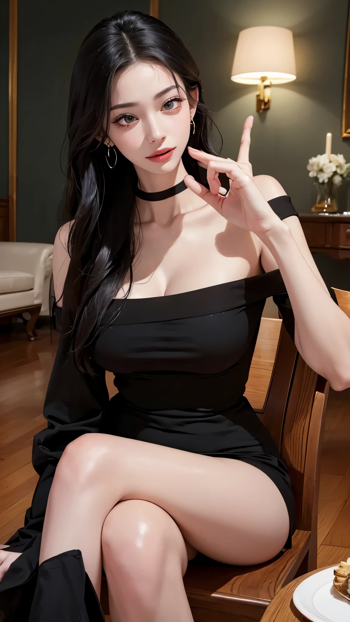 ((Open your mouth))、masterpiece,highest quality,High resolution,Very detailed,skinny,,((Captivating smile )),skinny,Black Choker,Earrings,Big cleavage、Off-the-shoulder tight sweater dress,(( Perfect Fingers )) , indoor,(Living room table:1.2),((Blowjob Gestures:1.2))、Open your mouth ,Sitting,Chair,Heavy breathing ,
1 Girl、solo、
Accurate 5-finger、Accurate human body、The perfect human body、The most beautiful face, true to the human body、Correct five-finger、The perfect human body、Someone knowledgeable、Highly detailed face and skin texture、Natural neck length、(beautiful Hands)、beautiful, Long, slender legs、Staring、