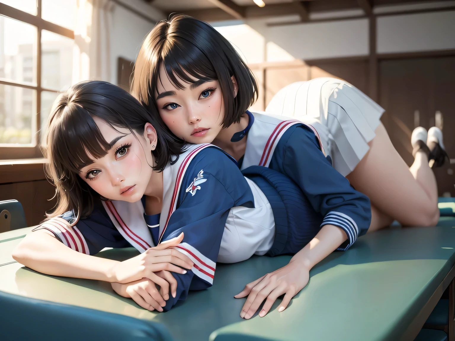 (top-quality、in 8K、32K、​masterpiece、超A high resolution、Impresionismo、Photorealsitic:1.2)、Full body, Inside the classroom、Schools、Evening glow、beauitful face、blurry backround、16-year-old beautiful girl、shinny skin、bob cuts、Beautiful black hair、(Katyusha:1.2)、a sailor suit、Pleated miniskirt、Curve、dynamicposes、Smile with open mouth、Two girls, lying on sofa