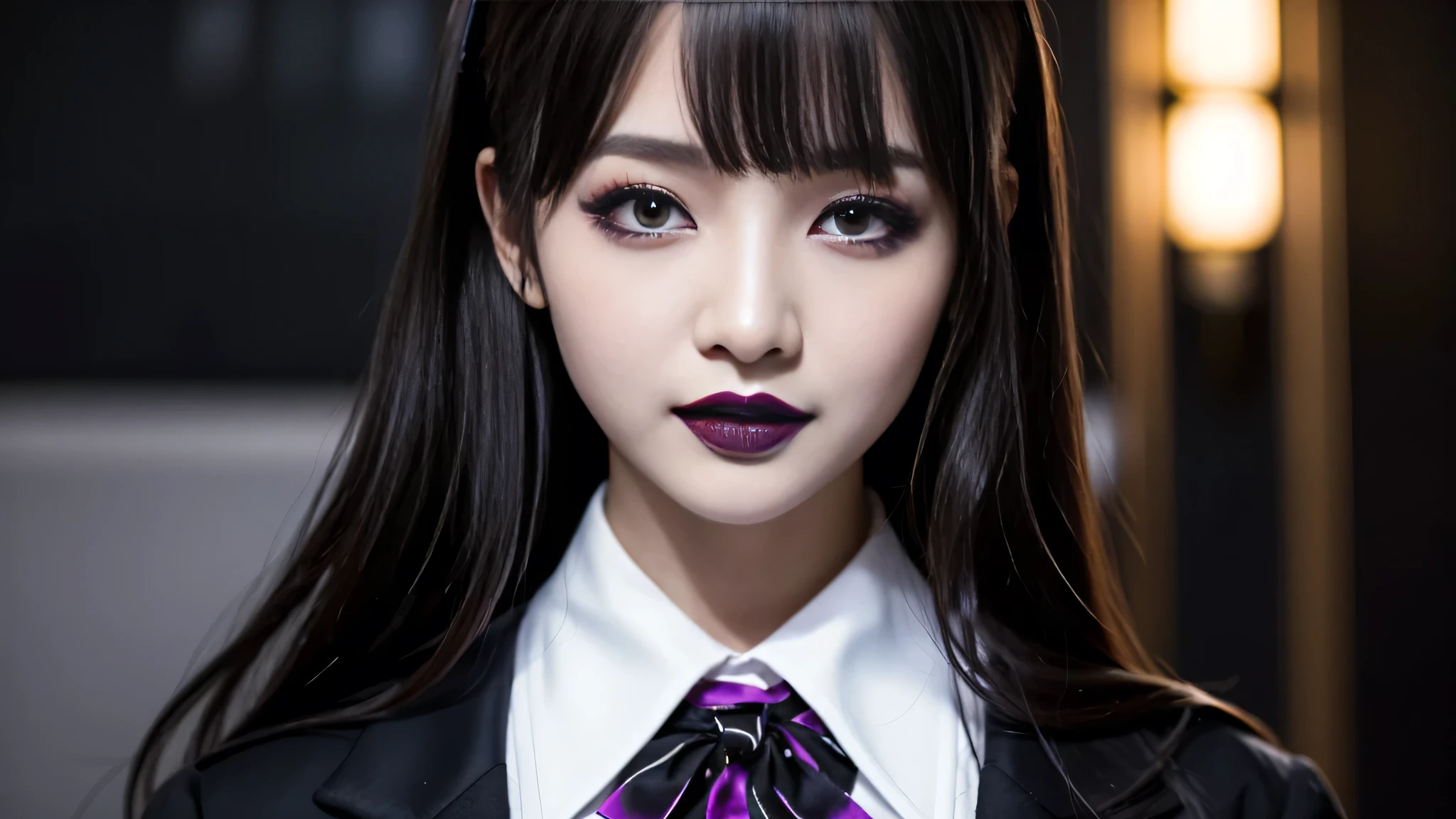 best quality、ultra-detailed、4k、Japanese、Seductive beauty、seductive adult woman、Pretty Woman、cool girl、Villainess、Brainwashed、brainwash、Fallen into evil、smirk、Evil look、Wicked Smile、evil、Brown hair、wavy hair、swept bangs、dark makeup、dark makeup、piercing eyes、hollow eyes,half-closed eyes、Hollow Eyes、purple Eyeshadow、black lipstick、black lipglos、student、blazer、White Shirt、Black Ribbon、flare skirt、night、inside school、Have lipstick、Emblem of Evil、Crest of Darkness、Swear allegiance、I have pledged my allegiance、Dye black、Blackening、Stained with evil、Dyed in darkness、Seduce