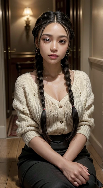 A refined description of the scene you described:

A woman in a tight skirt and hair braided into a complex, elegant style is portrayed in a stunning scene. Your braided hair displays a variety of patterns and textures, demonstrating skill and art in creating the hairstyle.

The woman is portrayed with a confident posture, sorridente e orgulhosa, destacando sua beleza e autenticidade. Your facial features are distinct and expressive, reflecting your individuality and inner strength.

The scene is softly lit, highlighting the details of the braided hair and the beauty of the woman. Your presence is captivating, conveying a sense of grace and determination.

This depiction of a black woman with braided hair is a celebration of black culture and beauty., capturing the elegance and pride of a traditionally significant hairstyle. na rua na praca
