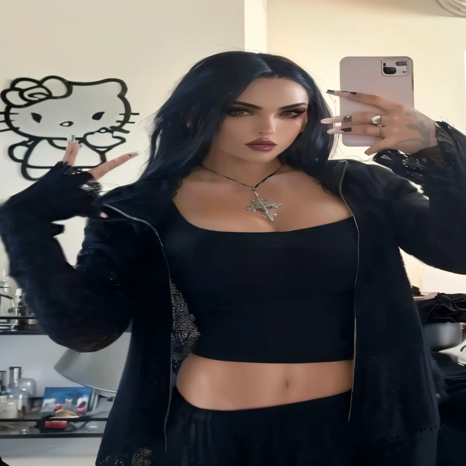 mulher tirando uma selfie com roupa preta, very beautiful gothic top model, Com cabelos longos e olhos penetrantes, cabelo preto com longos cabelos pretos