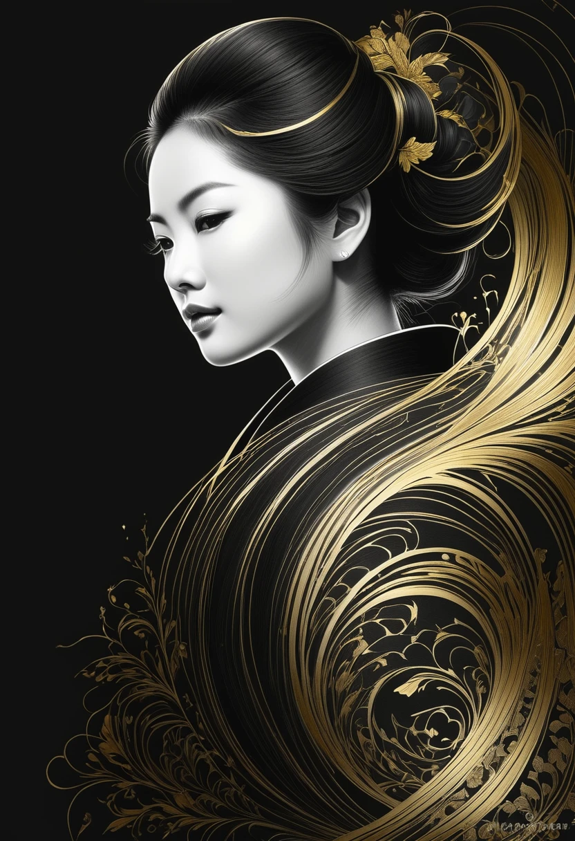 black pencil shading, charcoal drawing, tinted paper, pencil drawing, brutal dark b/w color scheme, gold patterns,
Yabusame, a beautiful woman captured in black sumi-e silhouette, elegantly simplified to showcase sophistication, logo style representation, picturing high quality, silhouette's curving lines following the natural shape of the subject, positioned centrally, minimalist design, stark contrast with the white background , detailed whispers of stroke work, ultra clear, iconic design, vector art, serenity in design, appealing simplicity, timeless elegance