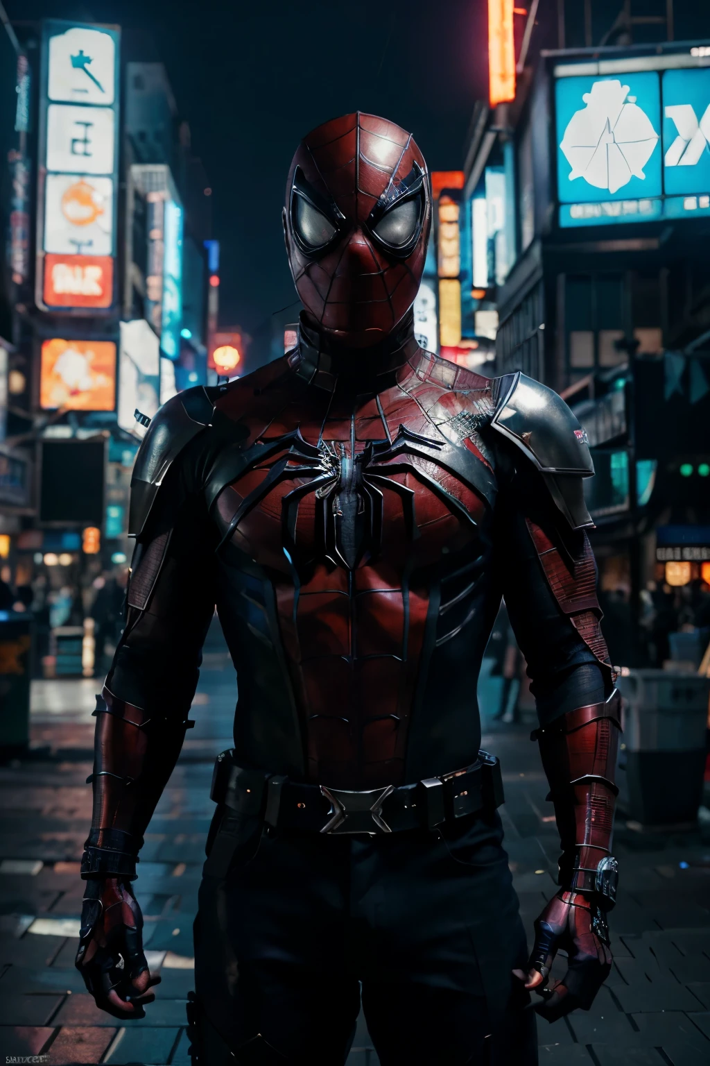 (extremely detailed 8k wallpaper), a medium shot photo of  cyberpunk scary Grim dressed as Spiderman in an armour made of Crystallic metal from marvel, cyberpunk theme, intricate, high detail, dramatic,  neon city lights in the background 