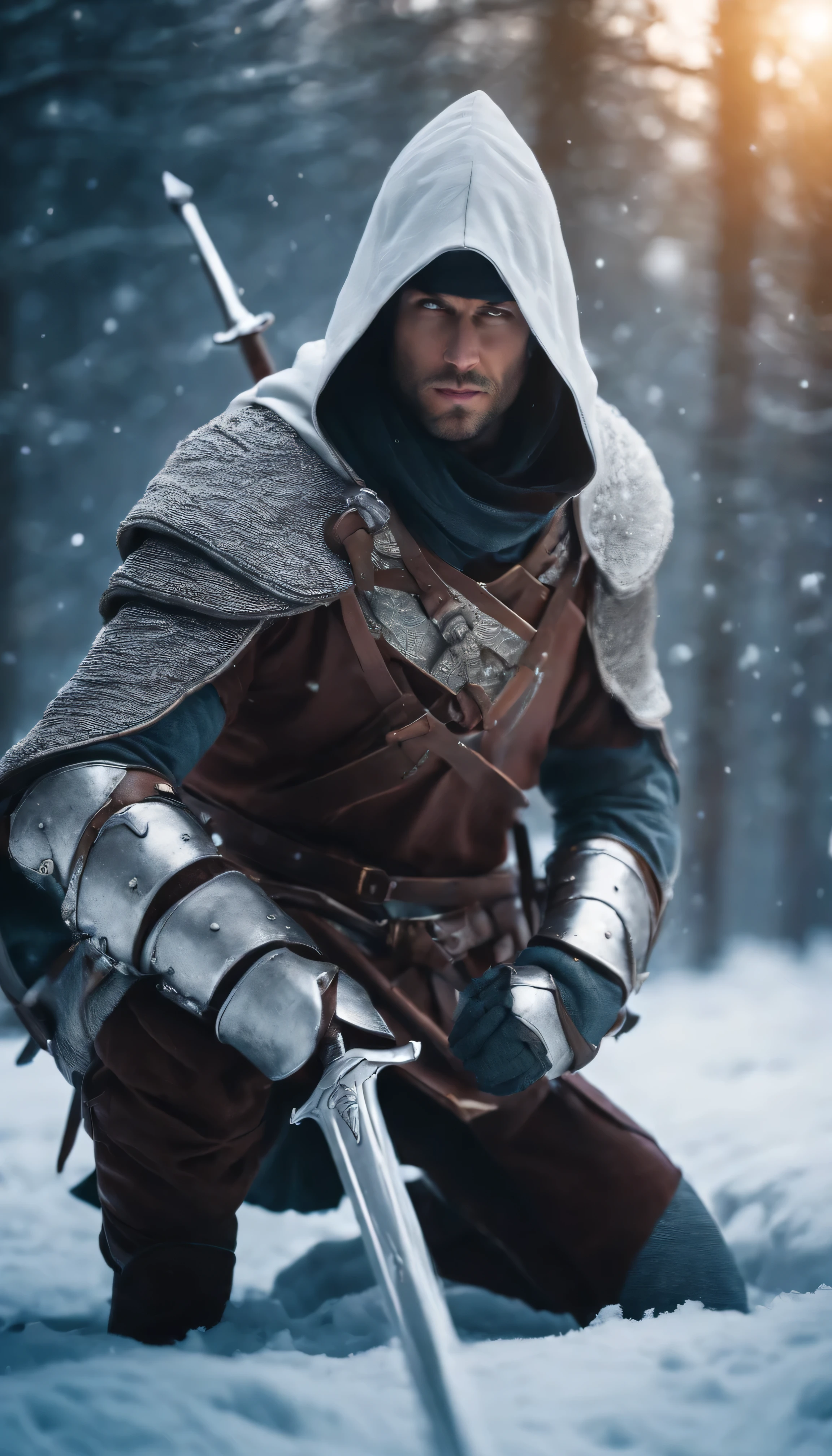 Realistic, 4k, rogue assasin with white leather armor crouching with Hood on head in a snowy medieval battle field