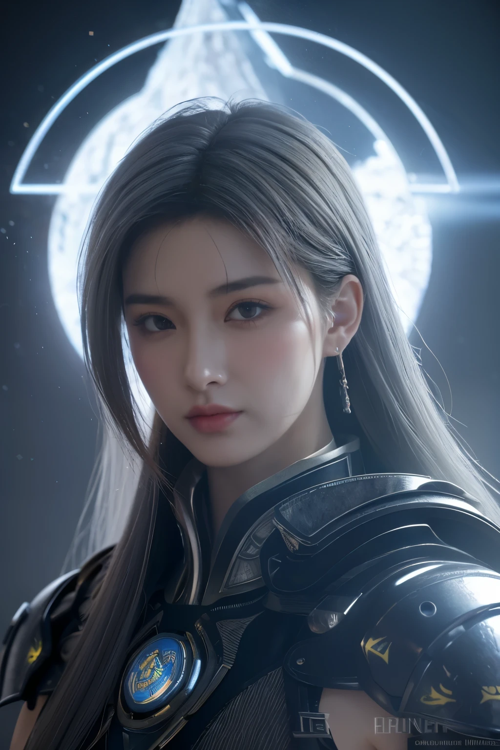 Masterpiece,Game art,The best picture quality,Highest resolution,8K,(Portrait),Unreal Engine 5 rendering works,(Digital Photography),((Portrait Feature:1.5)),
20 year old girl,Short hair details,With long bangs,(The red eye makeup is very meticulous),(With long gray hair:1.4),(Large, full breasts),Elegant and noble,Brave and charming,
(Future armor combined with the characteristics of ancient Chinese armor,Hollow design,Power Armor,The mysterious Eastern runes,A delicate dress pattern,A flash of magic),Warrior of the future,Cyberpunk figures,Background of war,
Movie lights，Ray tracing，Game CG，((3D Unreal Engine))，OC rendering reflection pattern